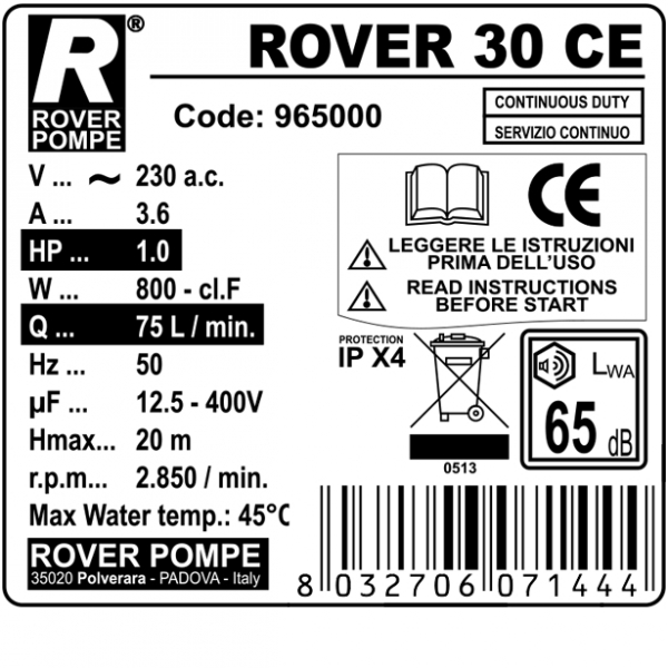 Pompa elettrica da travaso Rover 30 CE da 0,9 hp elettropompa per vino e  acqua